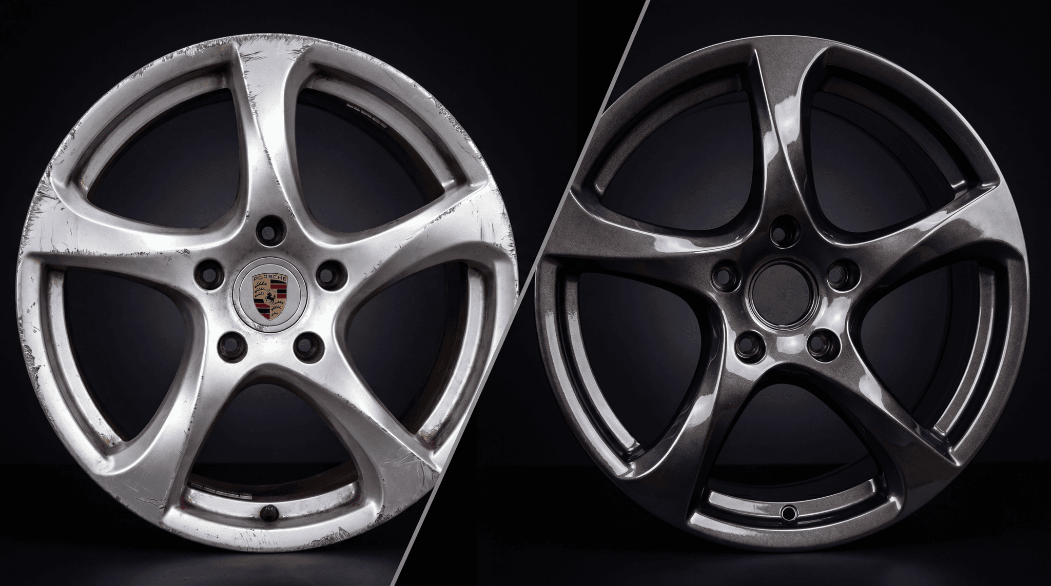 Before and after wheel refinishing on a Porsche